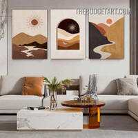 Mountains Sun Abstract Landscape Scandinavian Painting Picture 3 Panel Canvas Wall Art Prints for Room Tracery