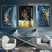 Gold Fishes Abstract Watercolor Modern Painting Picture 3 Piece Canvas Art Prints for Room Wall Decoration