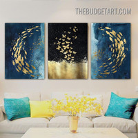 Gold Fishes Abstract Watercolor Modern Painting Picture 3 Panel Canvas Art Prints for Room Wall Drape
