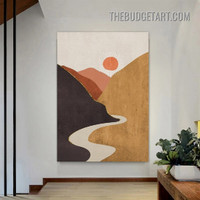 River With Hill Abstract Landscape Scandinavian Painting Picture Canvas Art Print for Room Wall Adornment