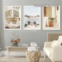 Building Flowerpot Landscape Modern Painting Picture 3 Piece Canvas Art Prints for Room Wall Trimming