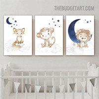 Monkey Baby Cartoon Animal Scandinavian Painting Picture 3 Piece Canvas Wall Art Prints for Room Molding