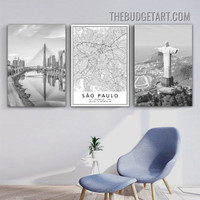 Black And White Sao Paulo Brazil City Map Modern Painting Picture 3 Panel Canvas Wall Art Prints for Room Tracery