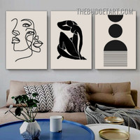 Meandering Line Face Abstract Modern Painting Picture 3 Panel Canvas Wall Art Prints for Room Décor
