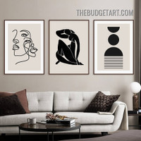 Meandering Line Face Abstract Modern Painting Picture 3 Piece Canvas Wall Art Prints for Room Trimming