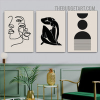 Meandering Line Face Abstract Modern Painting Picture 3 Piece Canvas Wall Art Prints for Room Garnish