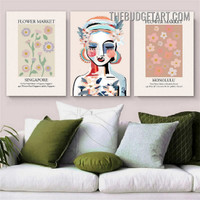 Flower Market Typography Modern Painting Picture 3 Piece Canvas Wall Art Prints for Room Outfit