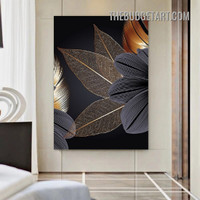 Black Golden Leaves Abstract Nordic Botanical Modern Painting Picture Canvas Wall Art Print for Room Equipment