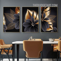 Black Leafages Plant Abstract Nordic Botanical Modern Painting Picture 3 Piece Canvas Wall Art Prints for Room Tracery