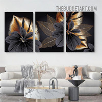 Black Leafages Plant Abstract Nordic Botanical Modern Painting Picture 3 Piece Canvas Wall Art Prints for Room Flourish