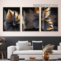 Black Leafages Plant Abstract Nordic Botanical Modern Painting Picture 3 Piece Canvas Wall Art Prints for Room Garnish