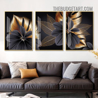 Black Leafages Plant Abstract Nordic Botanical Modern Painting Picture 3 Piece Canvas Wall Art Prints for Room Trimming