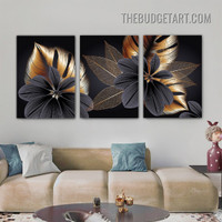 Black Leafages Plant Abstract Nordic Botanical Modern Painting Picture 3 Piece Canvas Wall Art Prints for Room Molding