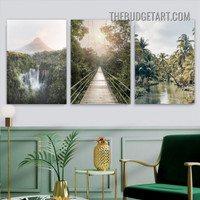 Waterfall Naturescape Modern Painting Picture 3 Piece Canvas Wall Art Prints for Room Ornament