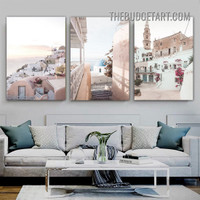 Santorini Visiting Place Landscape Modern Painting Picture 3 Panel Canvas Wall Art Prints for Room Tracery