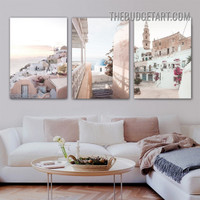 Santorini Visiting Place Landscape Modern Painting Picture 3 Panel Canvas Wall Art Prints for Room Garnish