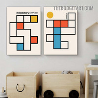 Squares Bauhaus Exhibition Typography Abstract Geometric Vintage Painting Picture 2 Piece Canvas Wall Art Prints for Room Décor