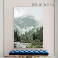 Mountain Fog Natursacpe Painting Picture Vintage Canvas Wall Art Print for Room Drape