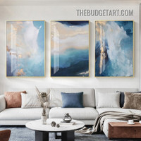 Indigo Smudges Abstract Modern Painting Picture 3 Piece Canvas Wall Art Prints for Room Disposition