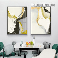 Curved Lines Smear Abstract Modern Painting Picture 2 Piece Canvas Art Prints for Room Wall Molding