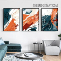 Curved Lines Smears Abstract Watercolor Modern Painting Picture 3 Panel Canvas Art Prints for Room Wall Drape