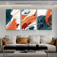 Curved Lines Smears Abstract Watercolor Modern Painting Picture 3 Piece Canvas Wall Art Prints for Room Trimming