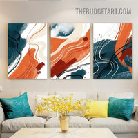 Curved Lines Smears Abstract Watercolor Modern Painting Picture 3 Piece Canvas Wall Art Prints for Room Adornment
