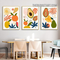Tropical Leafage Fruits Abstract Modern Painting Picture 3 Piece Canvas Wall Art Prints for Room Trimming