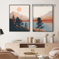 Hillside Aqua Sunset Abstract Scandinavian Painting Picture 2 Piece Canvas Wall Art Prints for Room Outfit