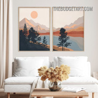 Hillside Aqua Sunset Abstract Scandinavian Painting Picture 2 Piece Canvas Art Prints for Room Wall Getup