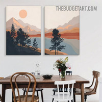 Hillside Aqua Sunset Abstract Scandinavian Painting Picture 2 Piece Canvas Wall Art Prints for Room Embellishment