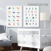 Colorful Dinosaurs Animal Typography Modern Painting Picture 2 Piece Canvas Art Prints for Room Wall Trimming