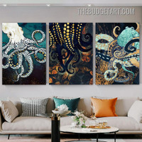 Multicolor Octopus Abstract Animal Modern Painting Picture 3 Piece Canvas Wall Art Prints for Room Trimming
