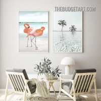 Flamingo Birds Naturescape Modern Painting Picture 2 Piece Canvas Wall Art Prints for Room Drape