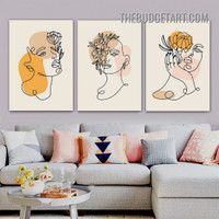 Line Art Face Abstract Modern Painting Picture 3 Panel Canvas Wall Art Prints for Room Tracery