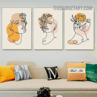 Line Art Face Abstract Modern Painting Picture 3 Piece Canvas Art Prints for Room Wall Outfit