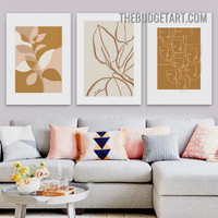 Face And Leaves Abstract Scandinavian Painting Picture 3 Piece Canvas Art Prints for Room Wall Ornamentation