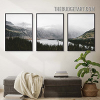 Lake Mountainside Nordic Naturescape Scandinavian Painting Picture 3 Panel Canvas Wall Art Prints for Room Outfit