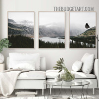 Lake Mountainside Nordic Naturescape Scandinavian Painting Picture 3 Panel Canvas Wall Art Prints for Room Décor