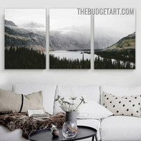 Lake Mountainside Nordic Naturescape Scandinavian Painting Picture 3 Panel Canvas Art Prints for Room Wall Disposition