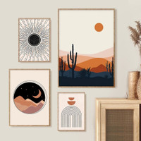 Nighttime Welkin Moon Abstract Landscape Scandinavian 4 Panel Art Set Pic Canvas Print for Room Wall Embellishment