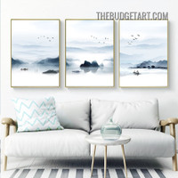 Mountains Lake Nordic Naturescape Watercolor Painting Picture 3 Piece Canvas Wall Art Prints for Room Getup