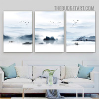 Mountains Lake Nordic Naturescape Painting Picture 3 Panel Canvas Wall Art Prints for Room Drape