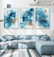 Blue Smudges Abstract Watercolor Modern Painting Picture 3 Panel Canvas Wall Art Prints for Room Outfit