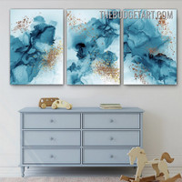 Blue Smudges Abstract Watercolor Modern Painting Picture 3 Piece Canvas Wall Art Prints for Room Garnish