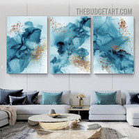 Blue Smudges Watercolor Modern Painting Picture 3 Piece Abstract Canvas Wall Art Prints for Room Trimming