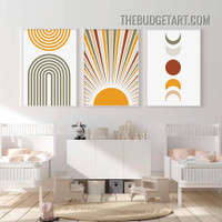 Multicolor Moon Abstract Scandinavian Contemporary Painting Picture 3 Panel Canvas Wall Art Prints for Room Garnish