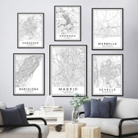 Zaragoza Granada Maps Typography Minimalist Modern Set Picture 6 Multi Panel Canvas Print Artwork Set For Wall Hanging Adornment