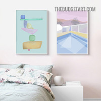 Hills With Swimming Pull Architecture Modern Painting Picture 2 Piece Canvas Art Prints for Room Wall Outfit