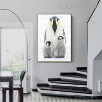 Penguin with Chicks Bird Modern Smudge Image Canvas Print for Room Wall Adornment